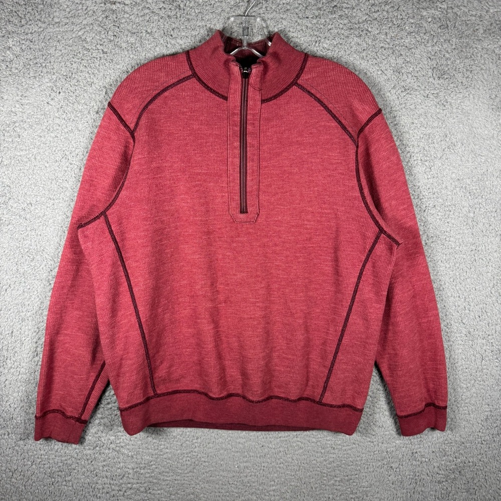 Tommy Bahama Men Quarter Zip Pullover Reversible Sweater Burgundy Red Heather L
